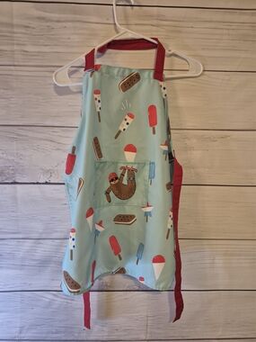 Children's Ice Cream & Sloth Adjustable Apron - Light Blue with Red Trim